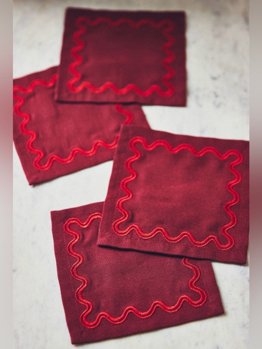 Anthropologie Madeline Embroidered Cocktail Napkins, Set of 4 in Red NEW